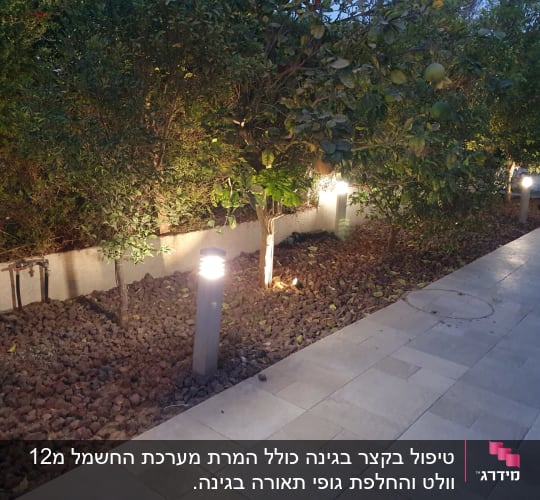 תאורת גן על עמודים ליד שביל מרוצף